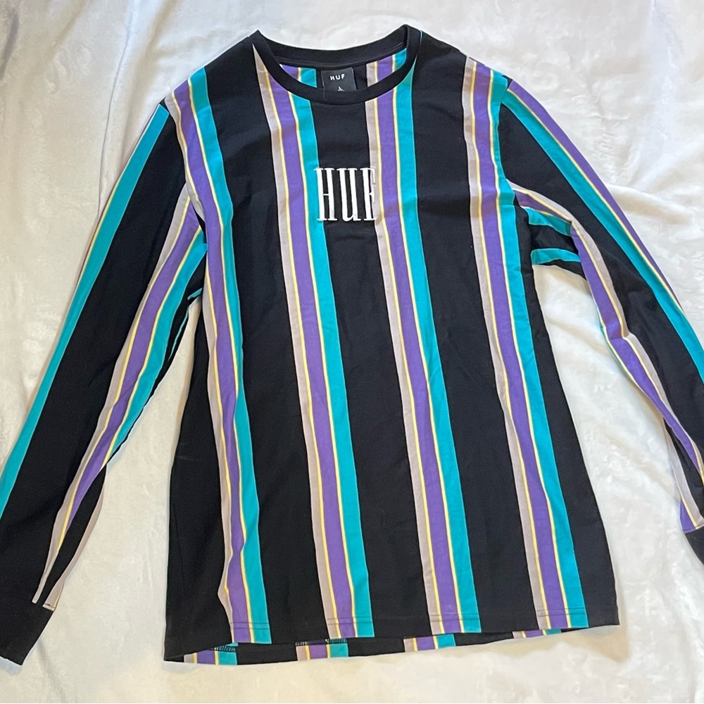 Huf Long Sleeve Shirt With Blue Gray & Purple Stripes Mens Large